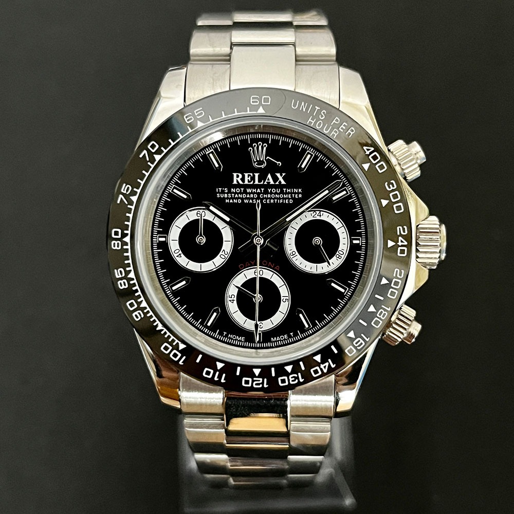 Black chronograph · steel bracelet — exact supplier photograph